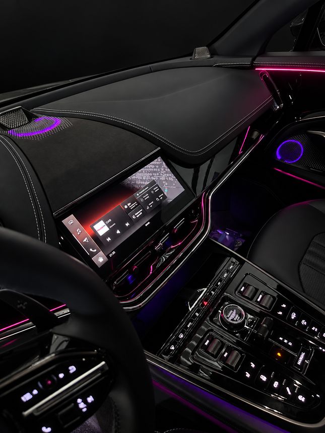 Aston Martin DBX: экран и консоль, розовый контур