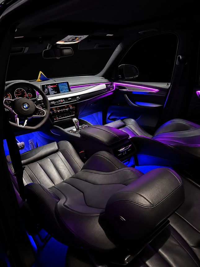 BMW X5 F15: торпедо і передні сидіння, рожевий контур і сині ноги