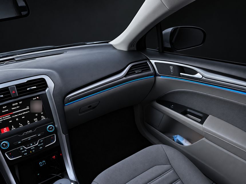 Ford Fusion: торпедо і двері з пасажирського боку, блакитна лінія