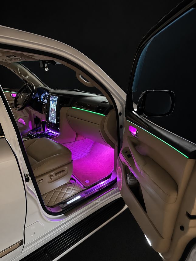 Lexus LX: открытая передняя дверь, зелёный контур и пурпурные ноги