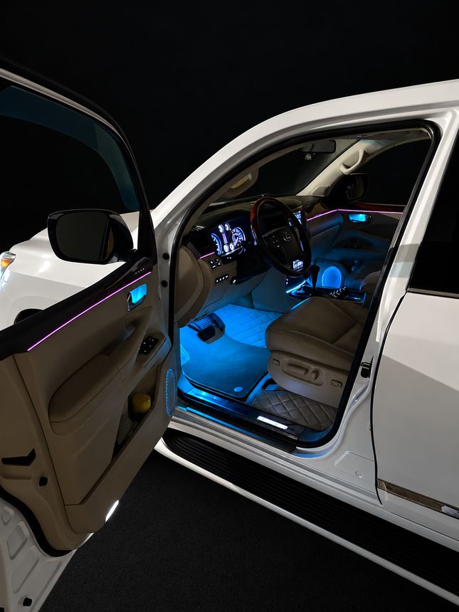 Lexus LX: открытая передняя дверь, розовый контур и голубые ноги